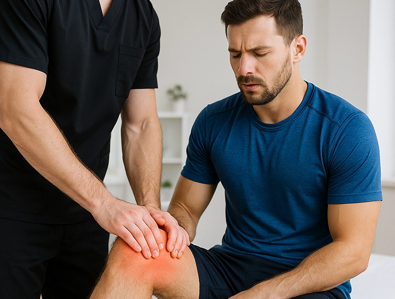 Chiropractor treating an athlete’s knee during sports injury care in Rockville, MD