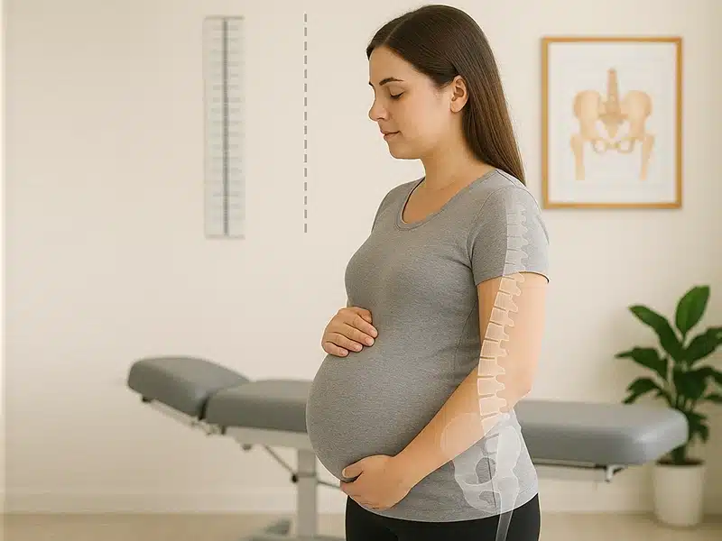 Pregnant woman standing beside a chiropractic treatment table in Rockville, MD