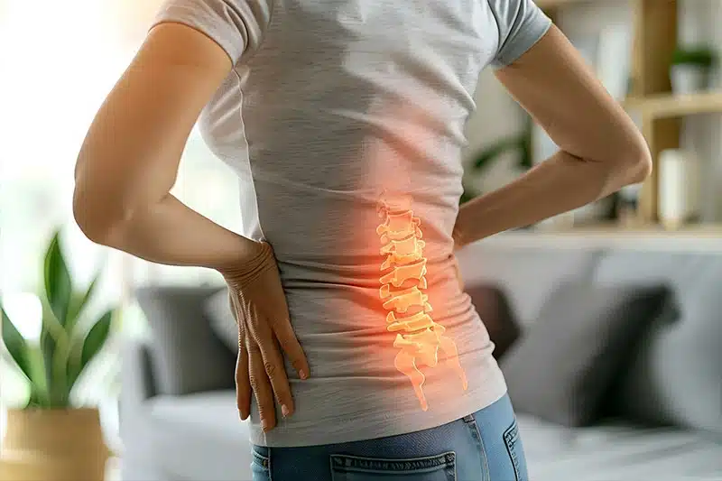 Woman holding her lower back with the spine highlighted to show disc pain at ProHealth Chiropractic Rockville clinic
